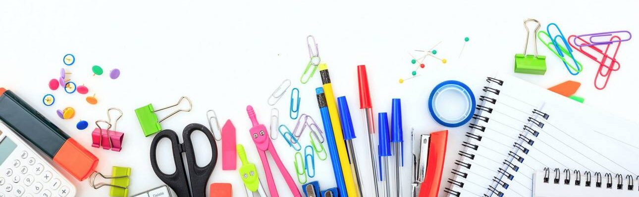 Office - school supplies on white background - copy space